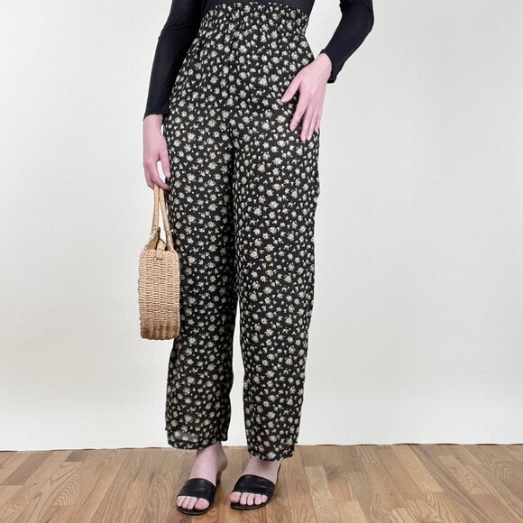 Vintage High Rise Wide Straight Loose Leg Trouser Pants Whimsigoth Floral Print - Picture 2 of 8